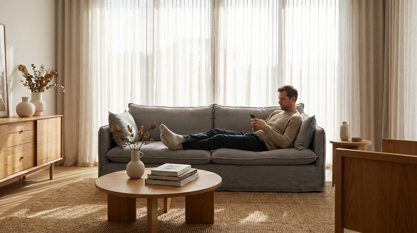 A man using a smartphone app to control home security modes in a bright living room.