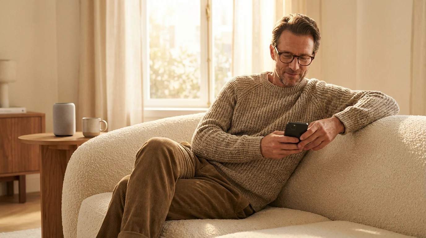 A man using a smartphone in a cozy, modern living room to set up home automation.