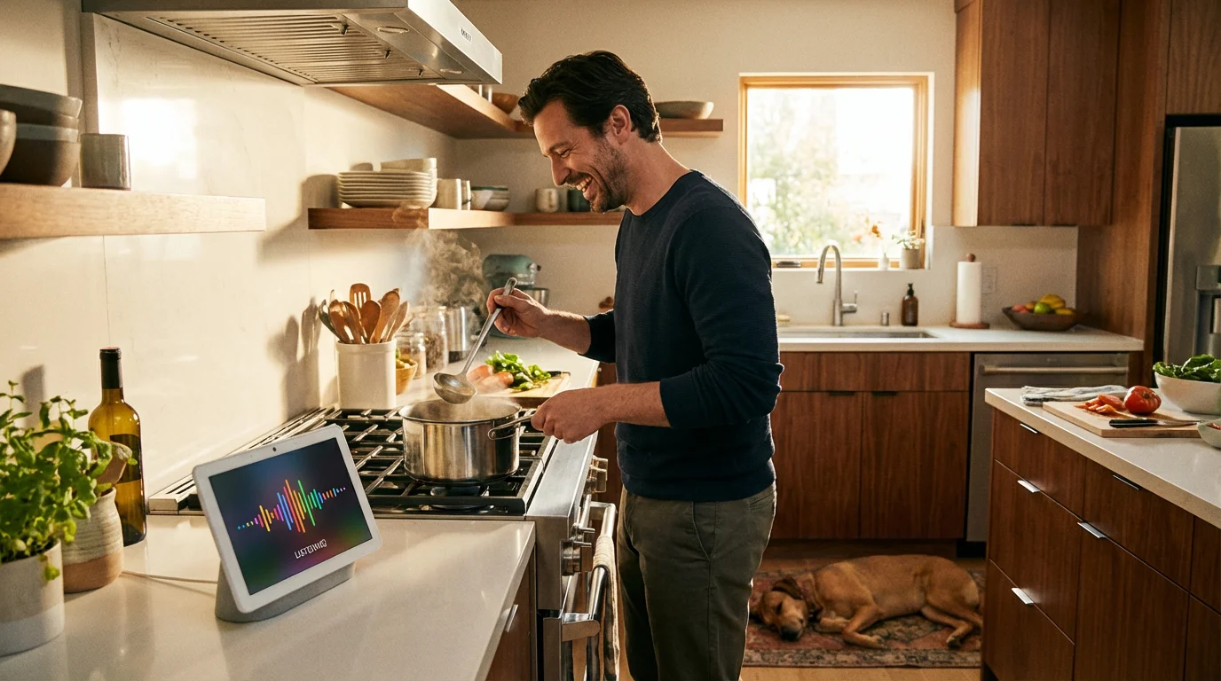 A man using voice commands to control music on a Google Nest Hub while cooking in a kitchen.