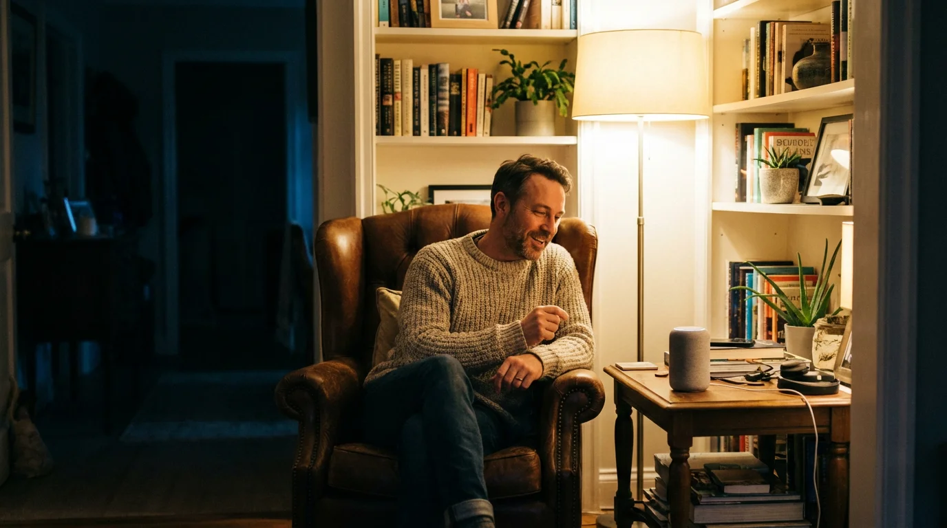 A man using voice commands to control the lights in his reading nook.