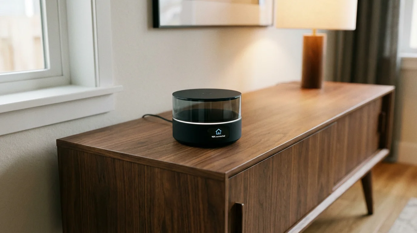 A minimalist smart home hub on a wooden table with soft background lighting.