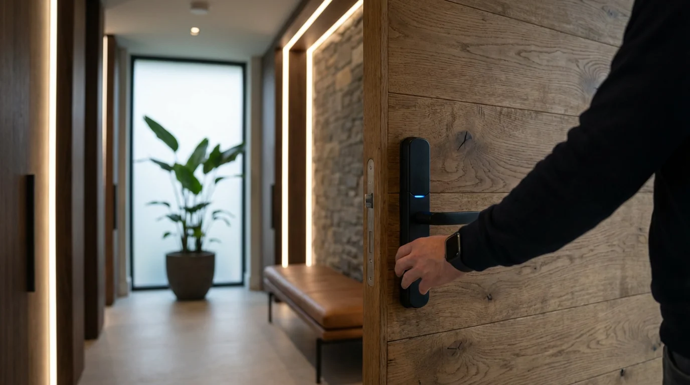 A minimalist smart lock on a high-end wooden door in a secure, stylish home entryway.