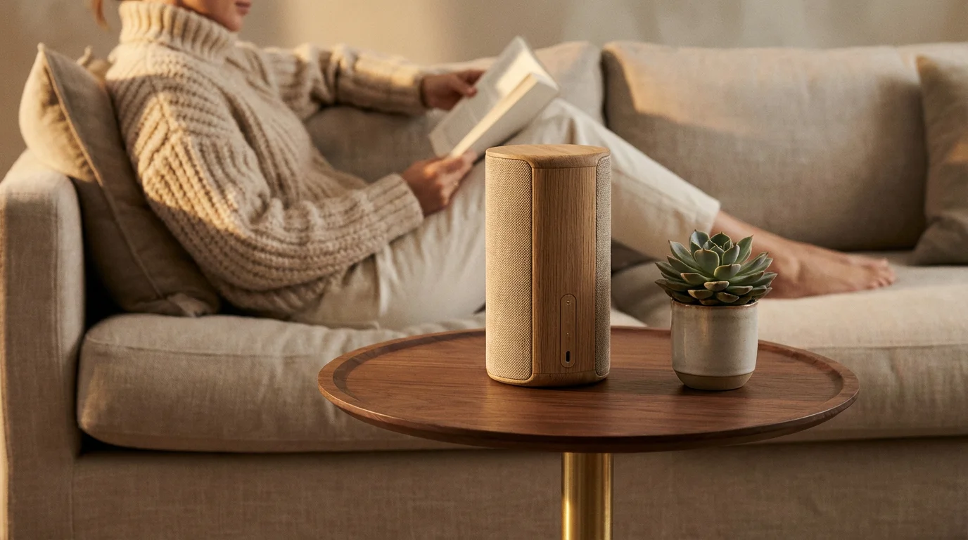 A minimalist smart speaker on a wooden side table in a cozy, modern living room.