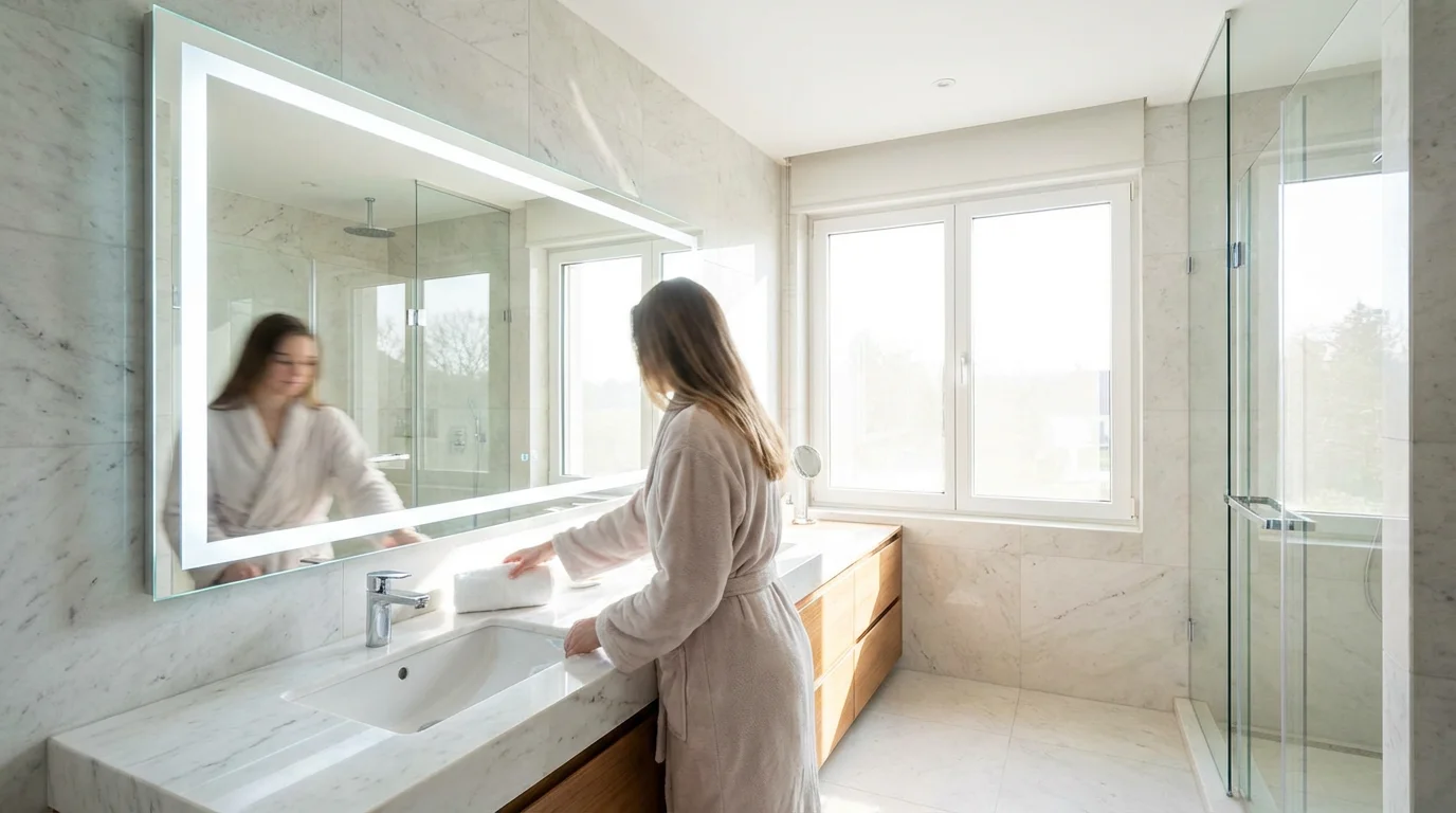 A modern bathroom with bright, energizing smart lighting integrated into the mirror.