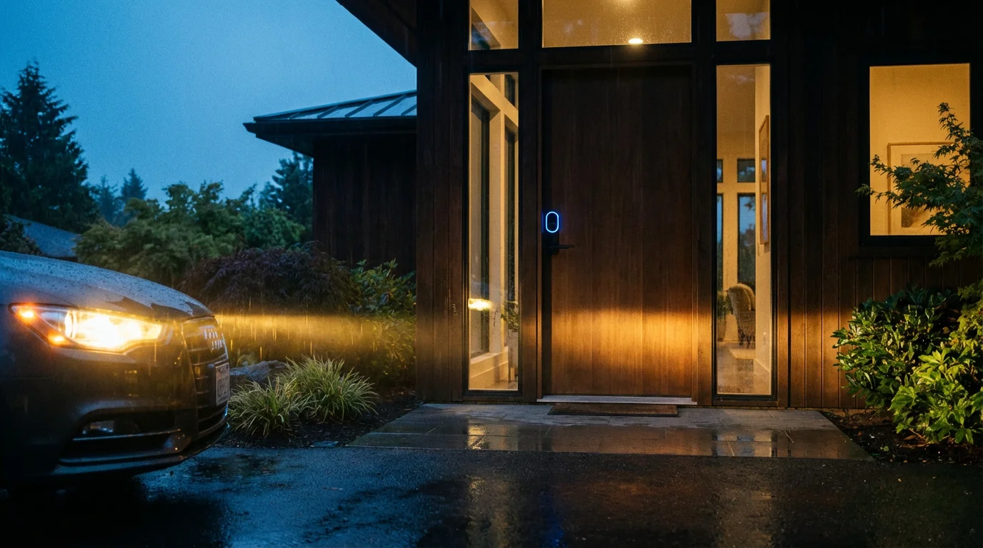 A modern front door at dusk with a glowing smart lock as a car arrives in the driveway.