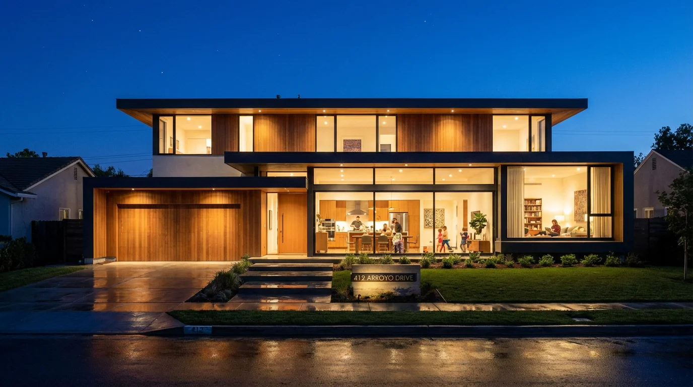 A modern home at twilight with warm interior lights glowing.