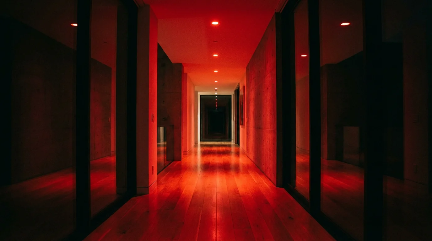 A modern home hallway illuminated by red smart ceiling lights during an emergency simulation.