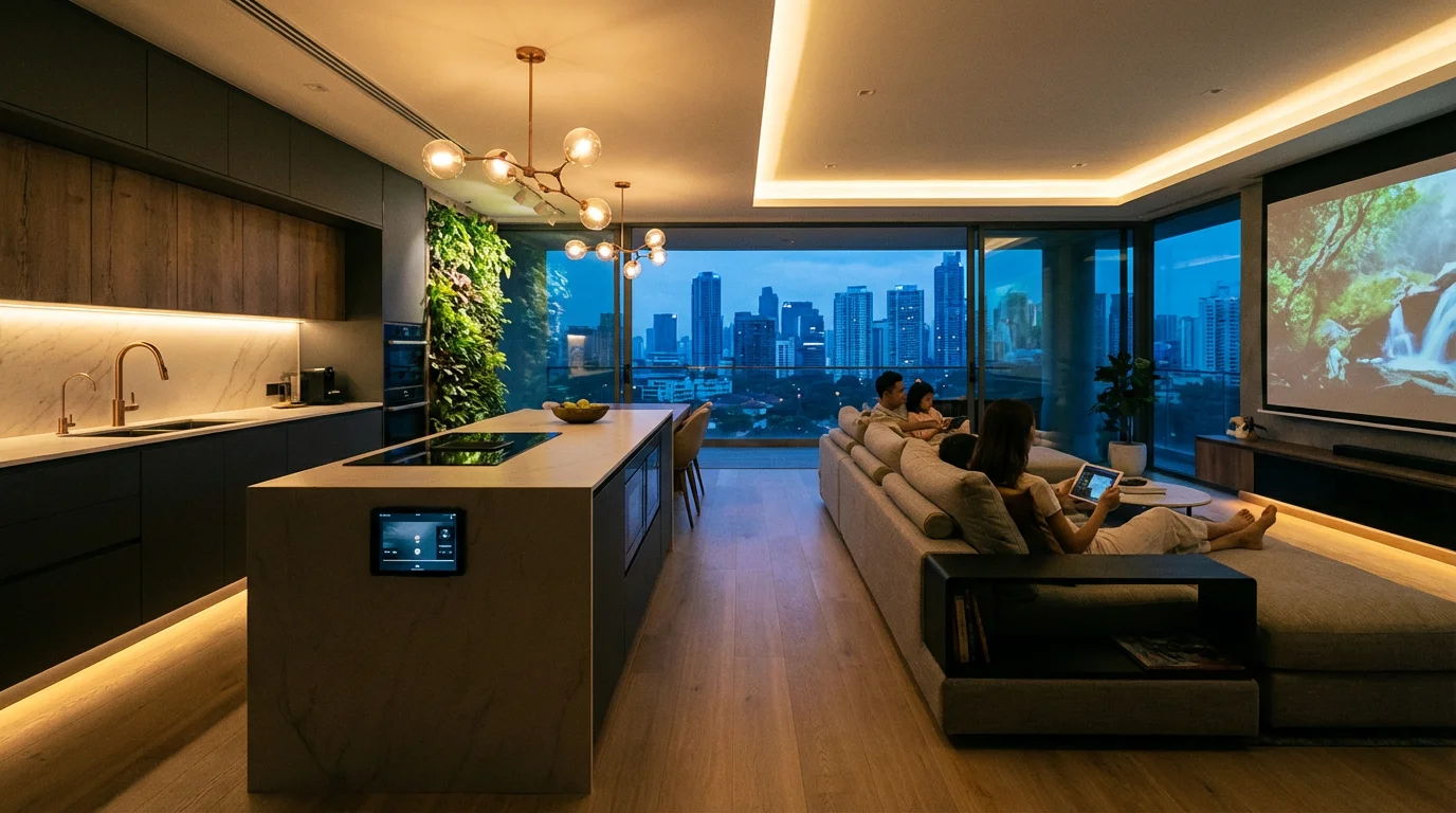 A modern kitchen and living room at dusk with warm, integrated smart lighting.