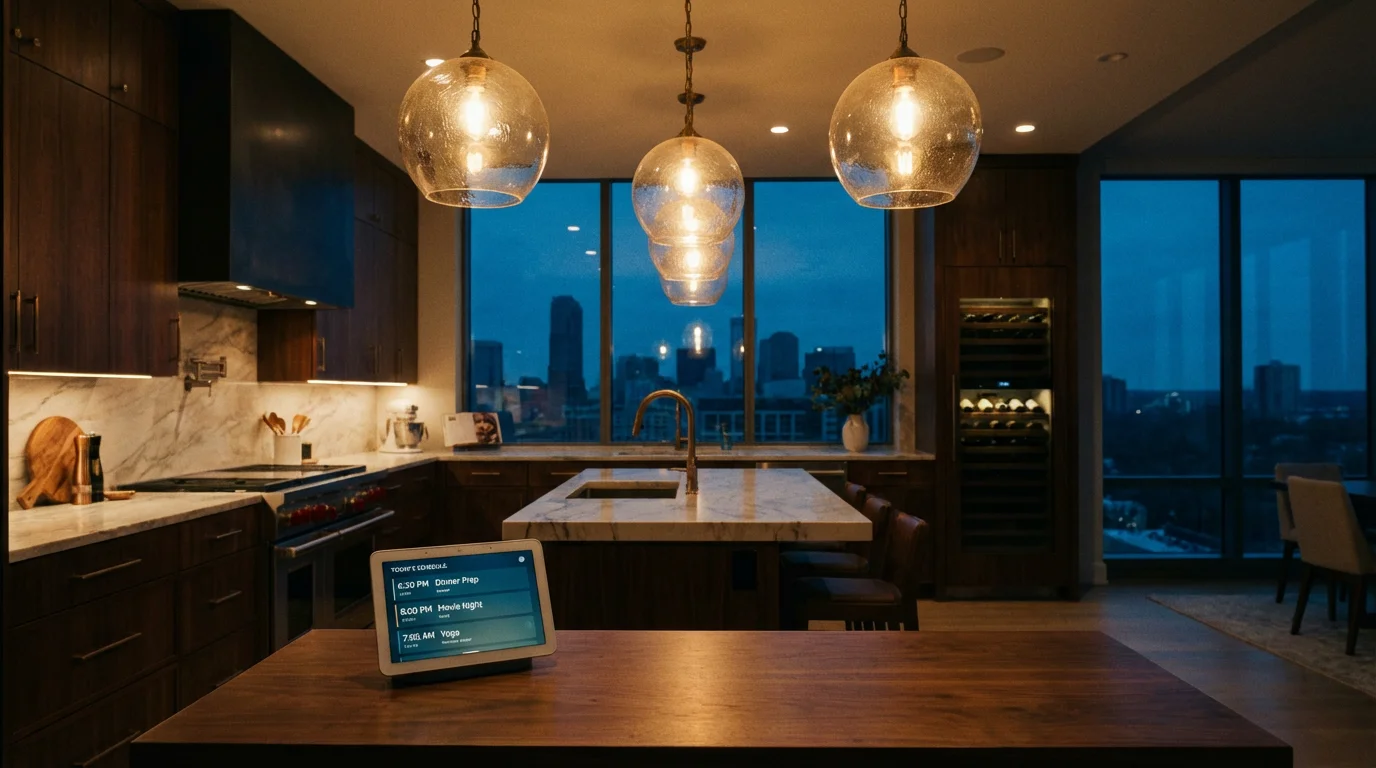 A modern kitchen at sunset with a smart home controller on the counter.