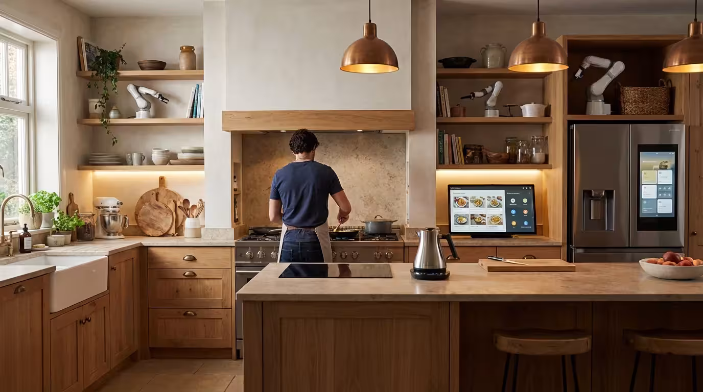 A modern kitchen equipped with various smart home devices and a central hub display.