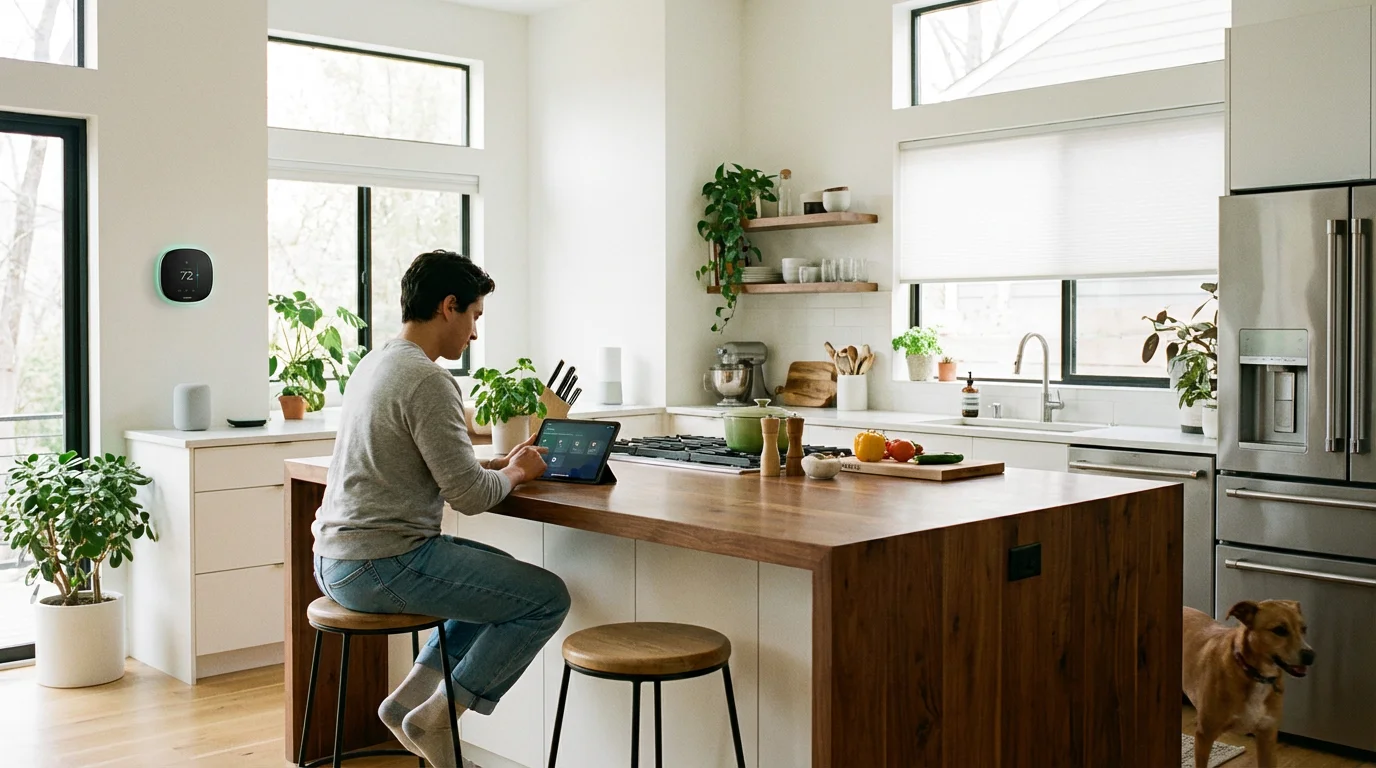 A modern kitchen scene showing a person using a tablet with the thermostat in the background.