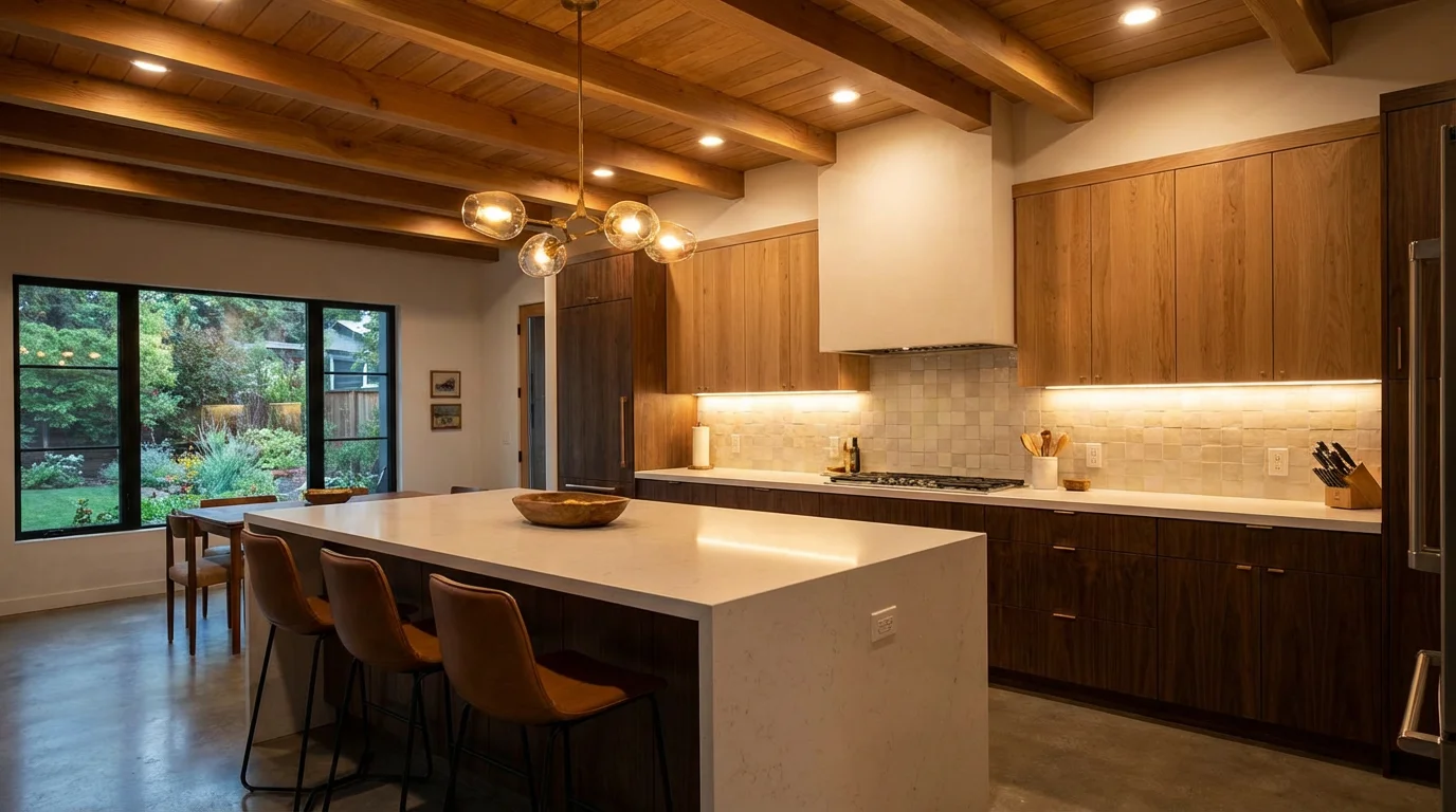 A modern kitchen showcasing different smart lighting fixtures including strips and pendants.