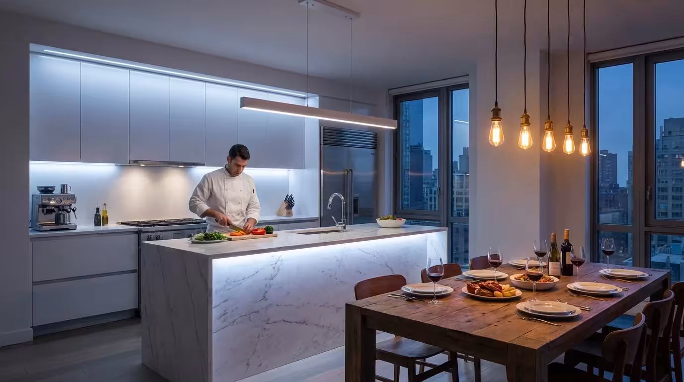 A modern kitchen showing bright cool task lighting for cooking and warm ambient pendant lights for dining.
