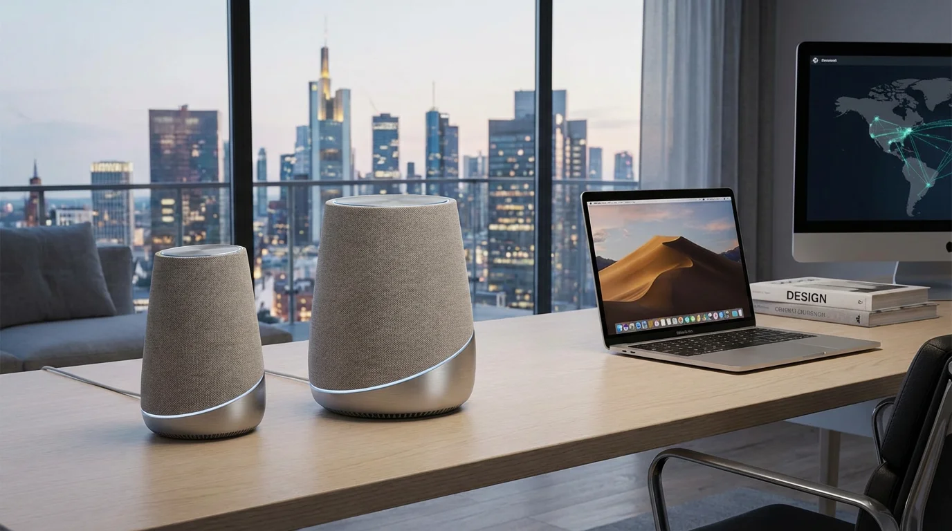 A modern mesh Wi-Fi router on a desk with a city view in the background.
