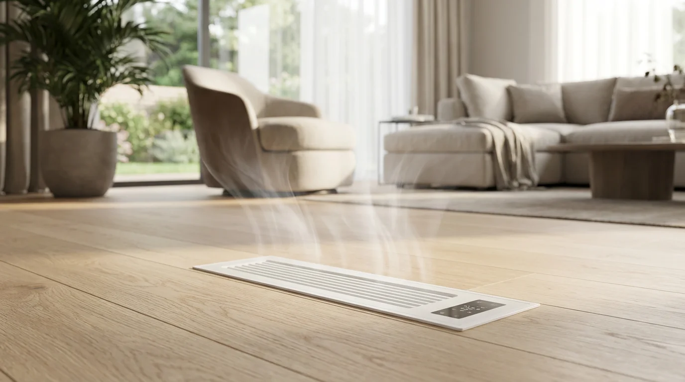 A modern smart air vent installed in a light wood floor in a contemporary room.