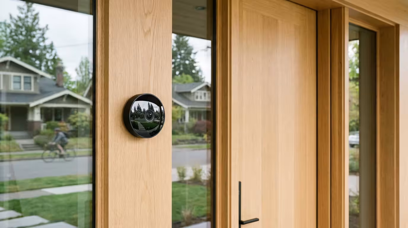 A modern smart doorbell camera mounted on a high-end wooden door frame.