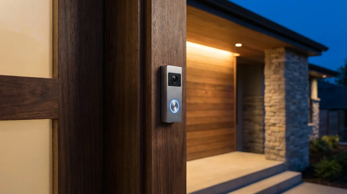 A modern smart doorbell installed on a stylish wooden door frame.