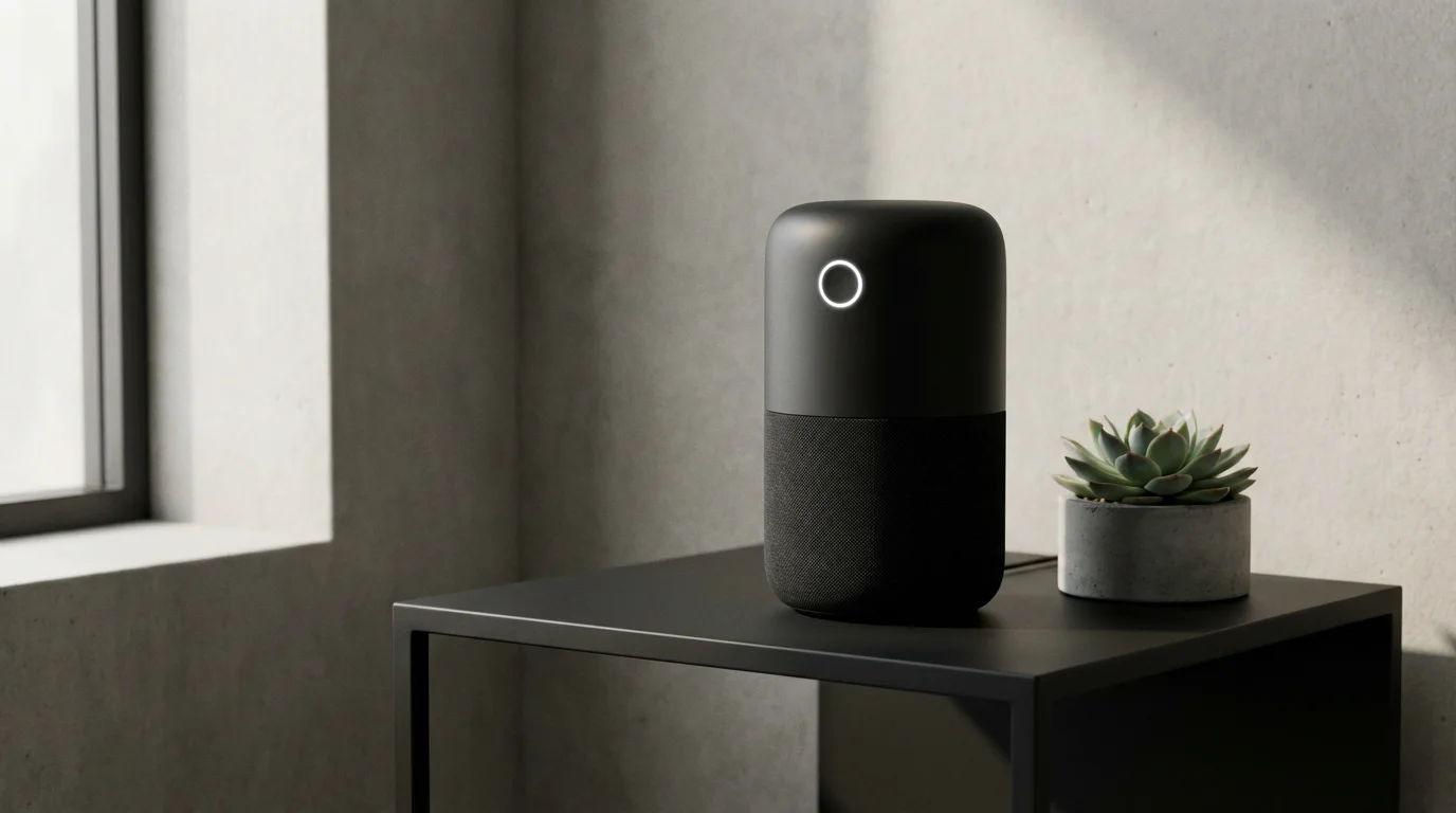 A modern smart home hub on a table in a well-designed interior.