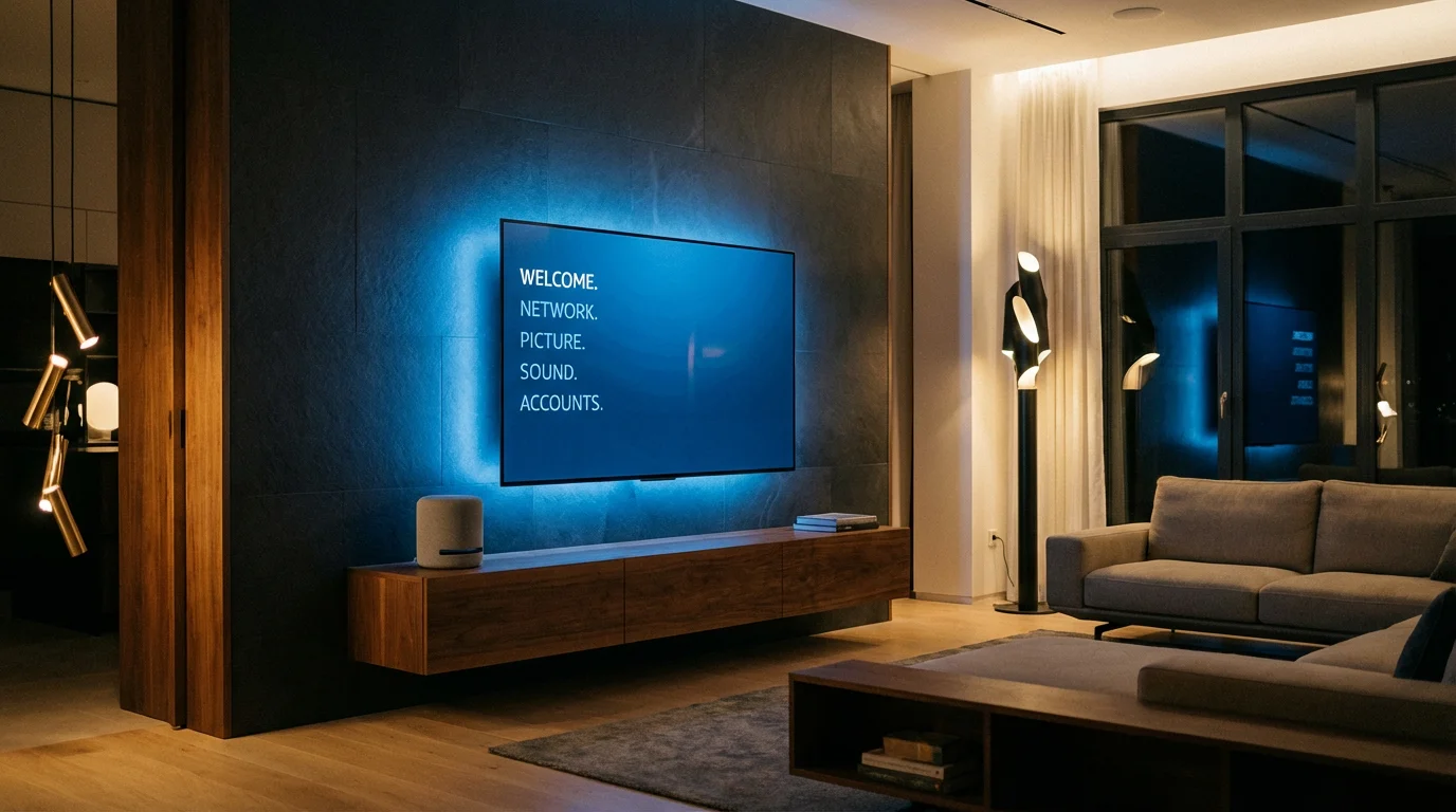 A modern smart TV and Echo device in a high-end living room, highlighting native integration.