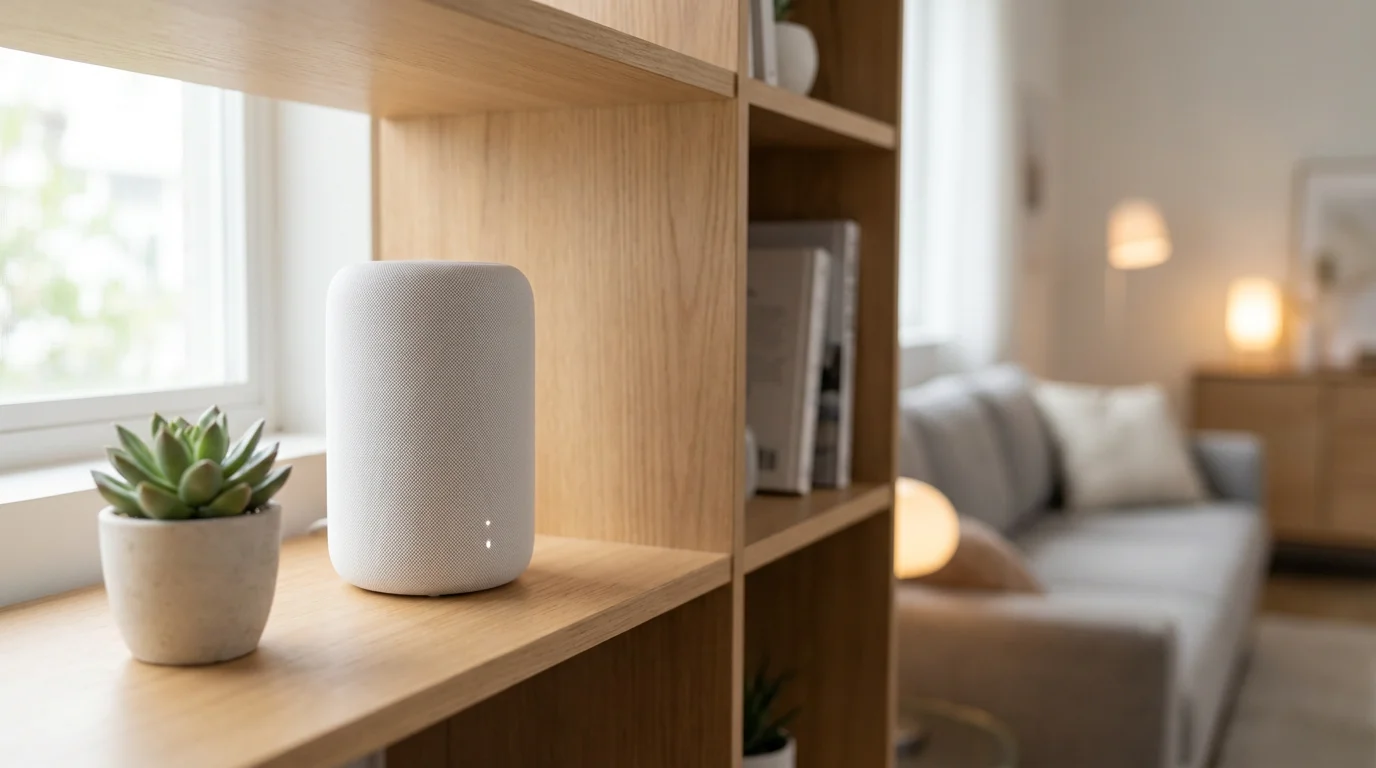 A modern white mesh Wi-Fi router node on a wooden shelf in a tidy living room.