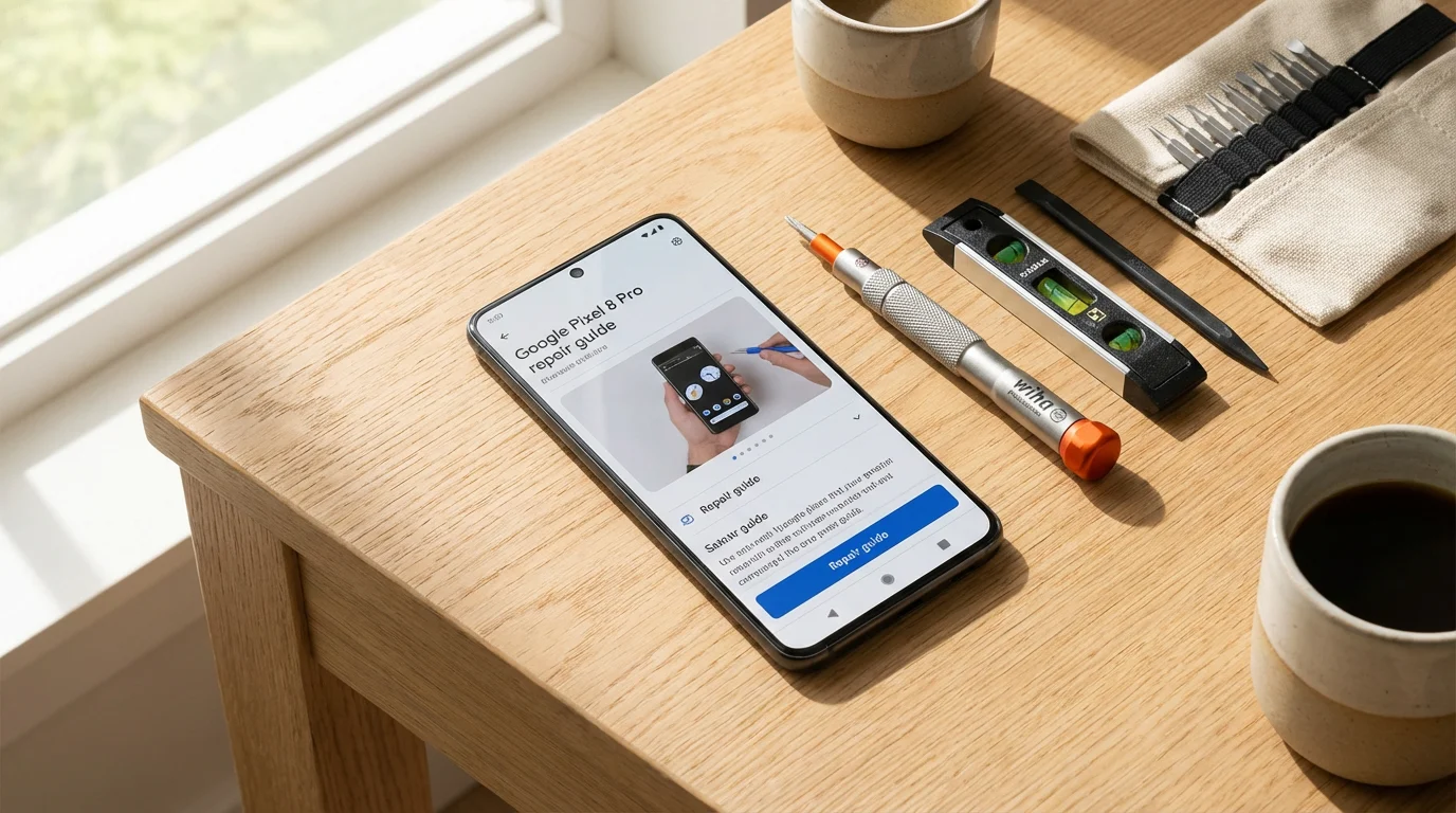 A neat arrangement of tools including a screwdriver and smartphone on a wooden surface.