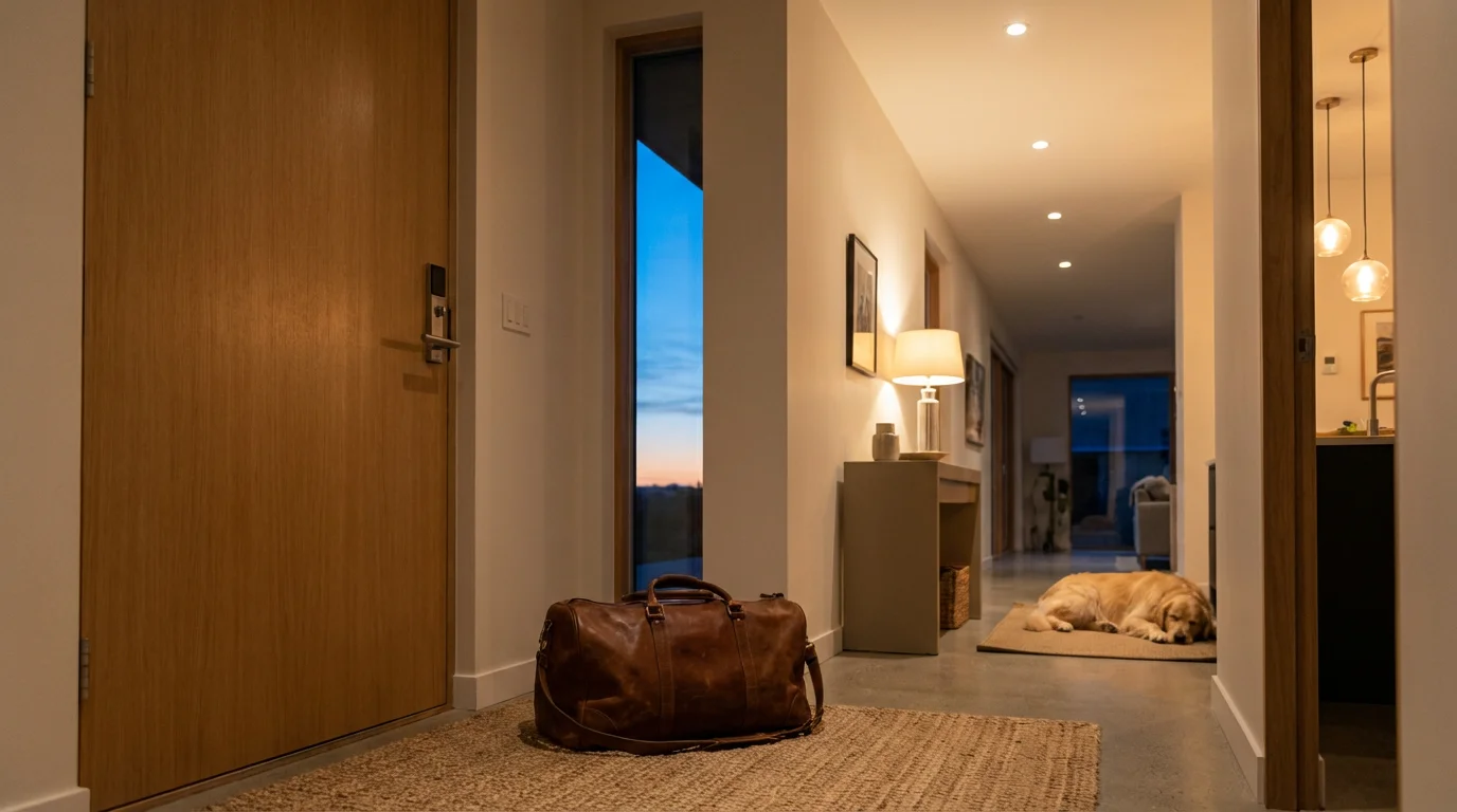 A packed suitcase by the door of a brightly lit, secure home at night.