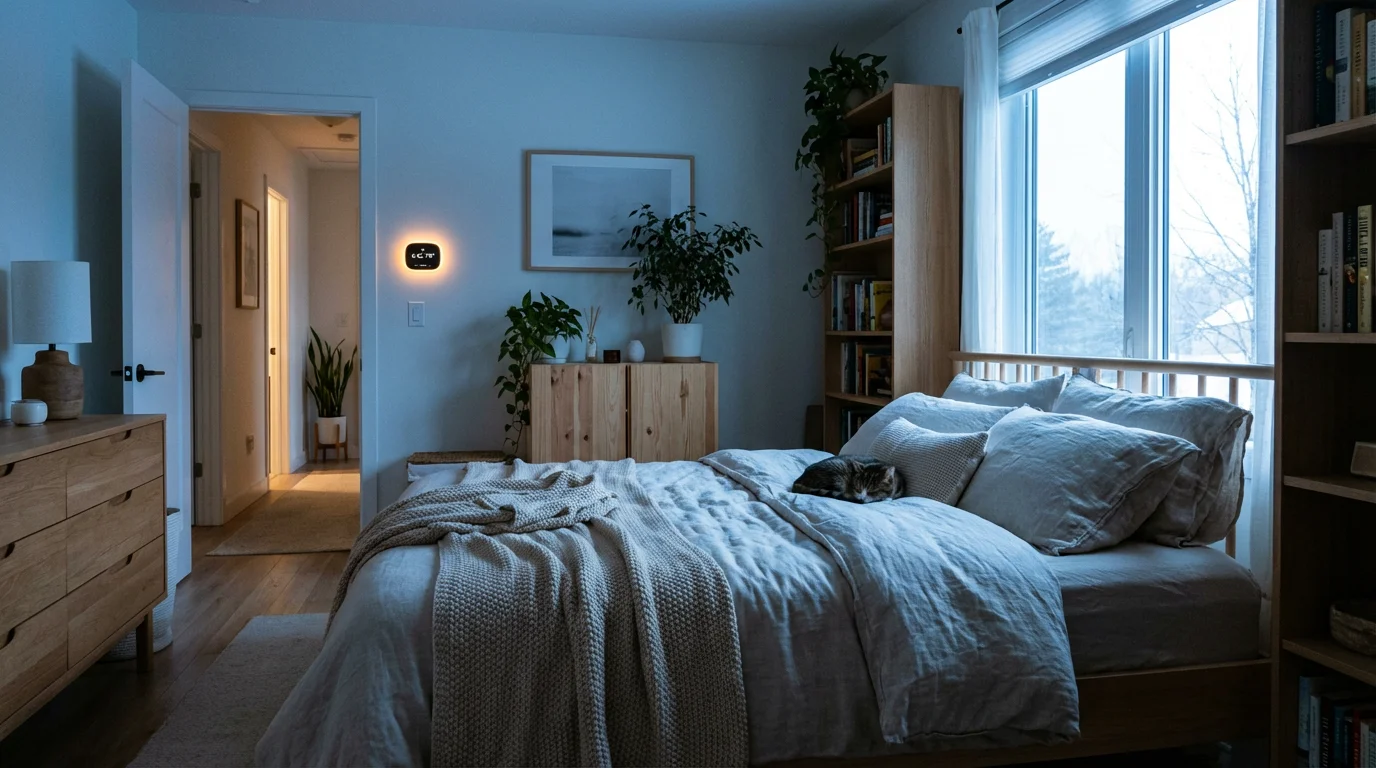 A peaceful bedroom at dawn with a smart thermostat glowing in the hall.