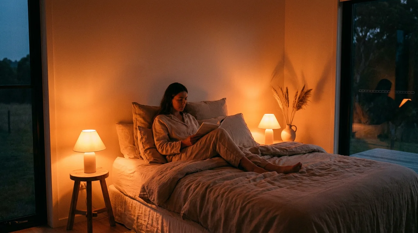 A peaceful bedroom at night with warm, low-blue smart lighting to help with sleep hygiene.