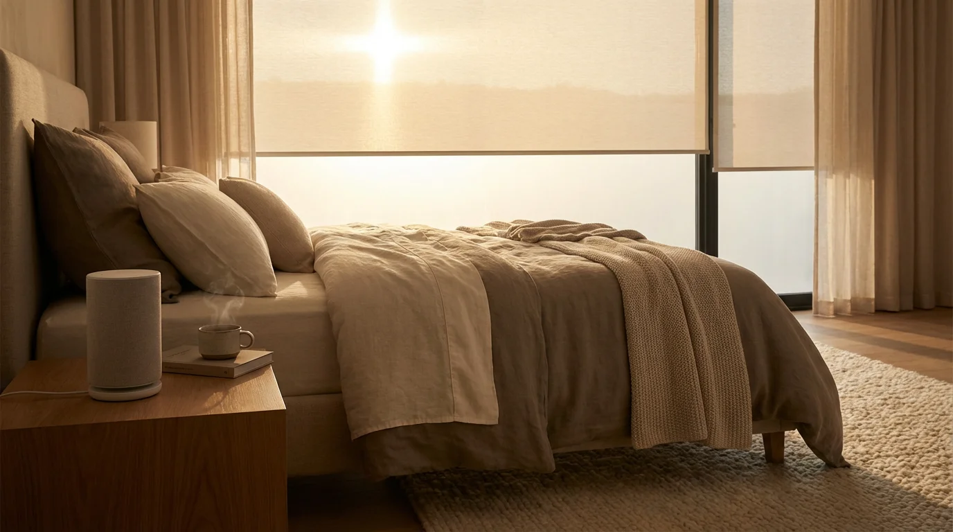 A peaceful bedroom at sunrise with smart blinds automatically opening to let in golden light.