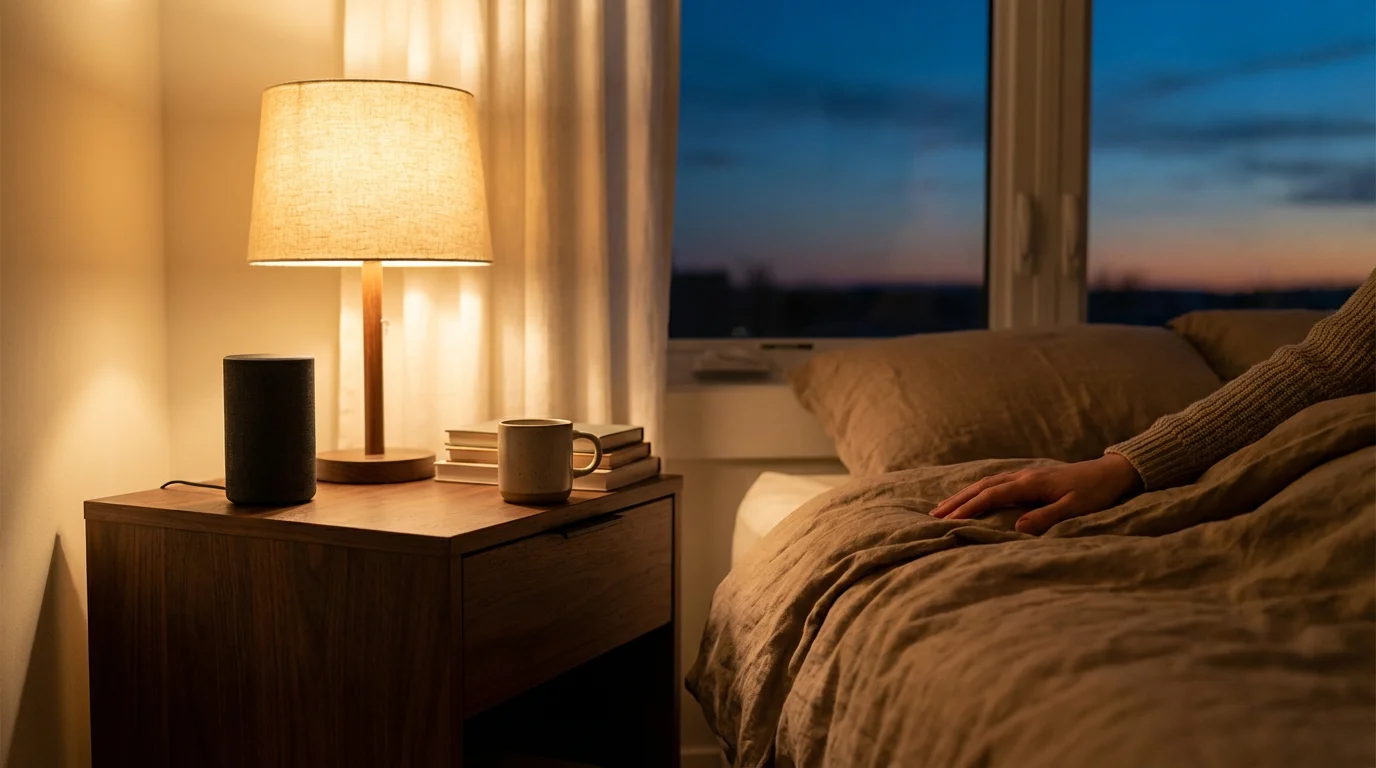 A peaceful bedroom scene with a smart speaker on a nightstand under warm light.
