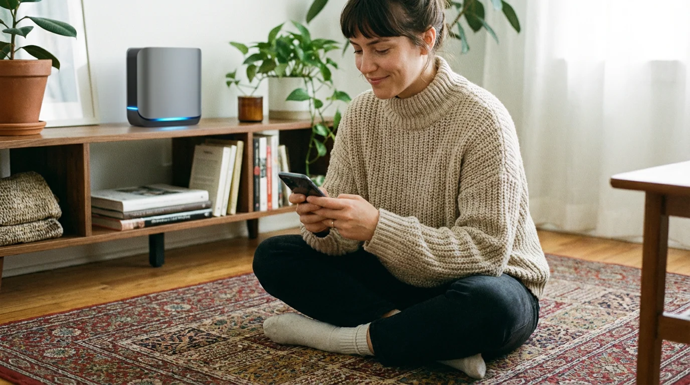 A person calmly checking their phone settings near a router to troubleshoot a connection.