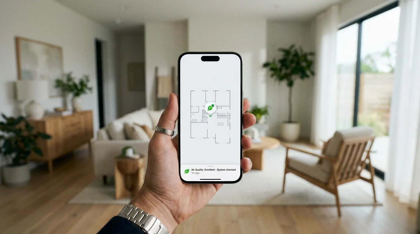 A person checking a robot vacuum's cleaning map and status on a smartphone app.