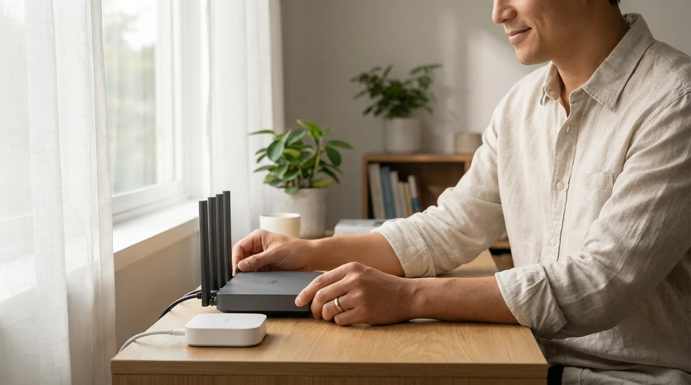 A person checking a smart home hub near a window in a clean, modern interior.