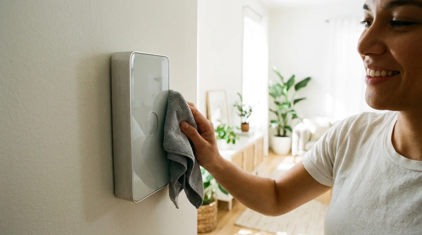 A person cleaning a smart sensor with a microfiber cloth to maintain its performance.