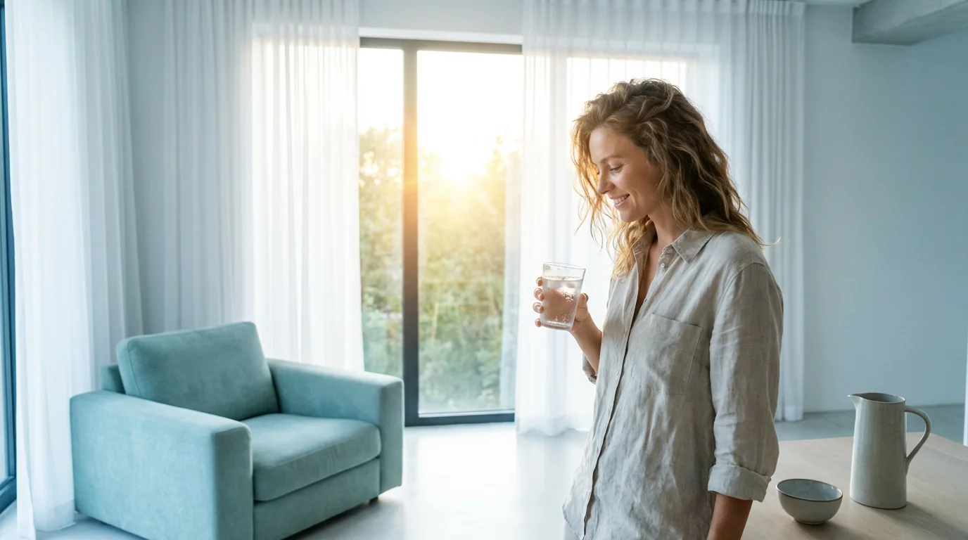 A person enjoying a cool indoor environment while looking out at a hot, sunny summer day.
