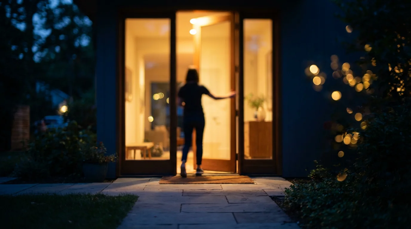 A person entering a home at night as smart lights automatically turn on, triggered by sensors.