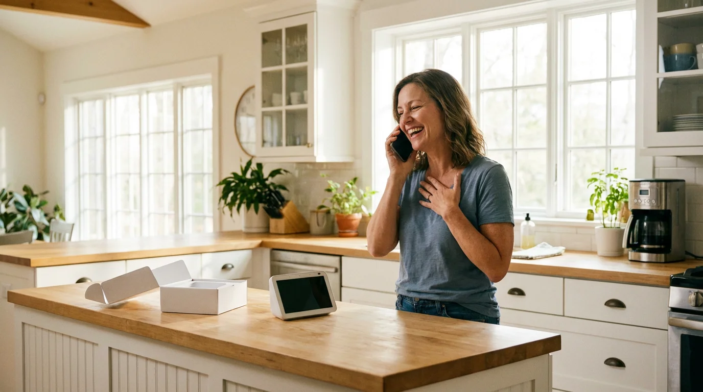A person happily talking on the phone in a bright modern kitchen.