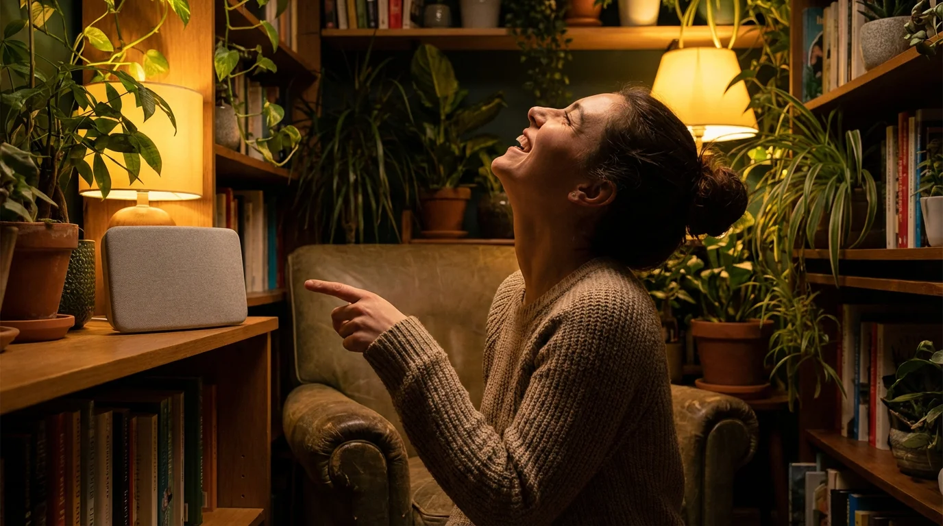 A person having a natural, effortless conversation with a smart speaker in a cozy room.