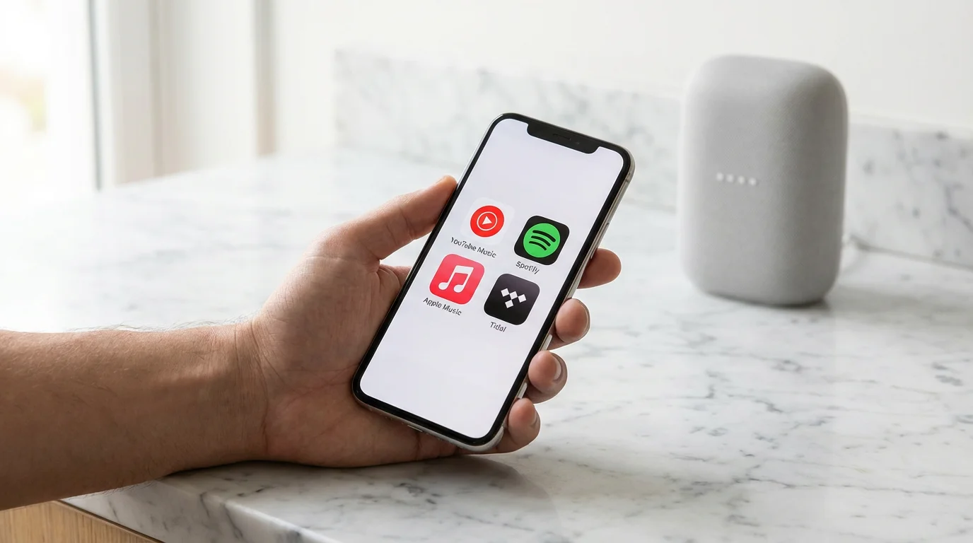 A person holding a smartphone showing music streaming apps next to a smart speaker.