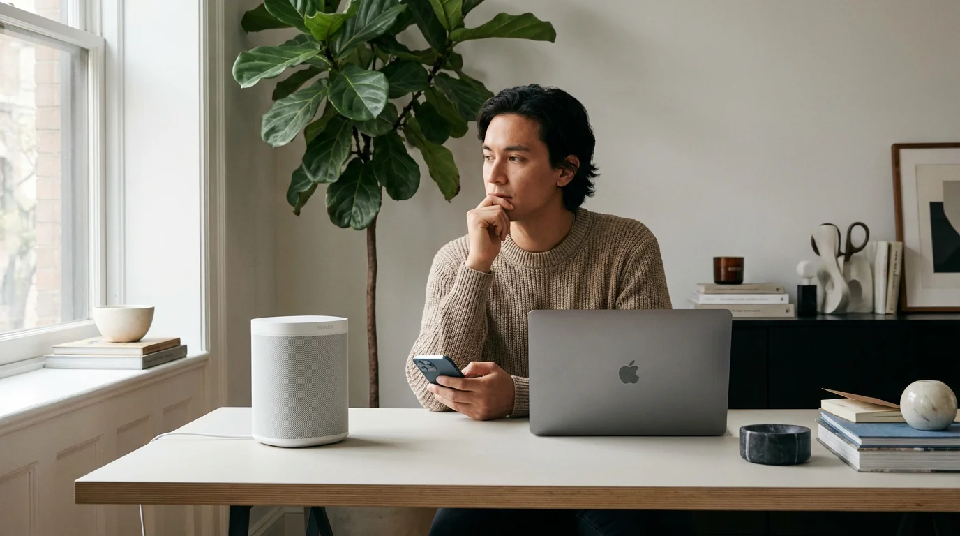 A person in a home office looking at a smart speaker while troubleshooting with a phone.