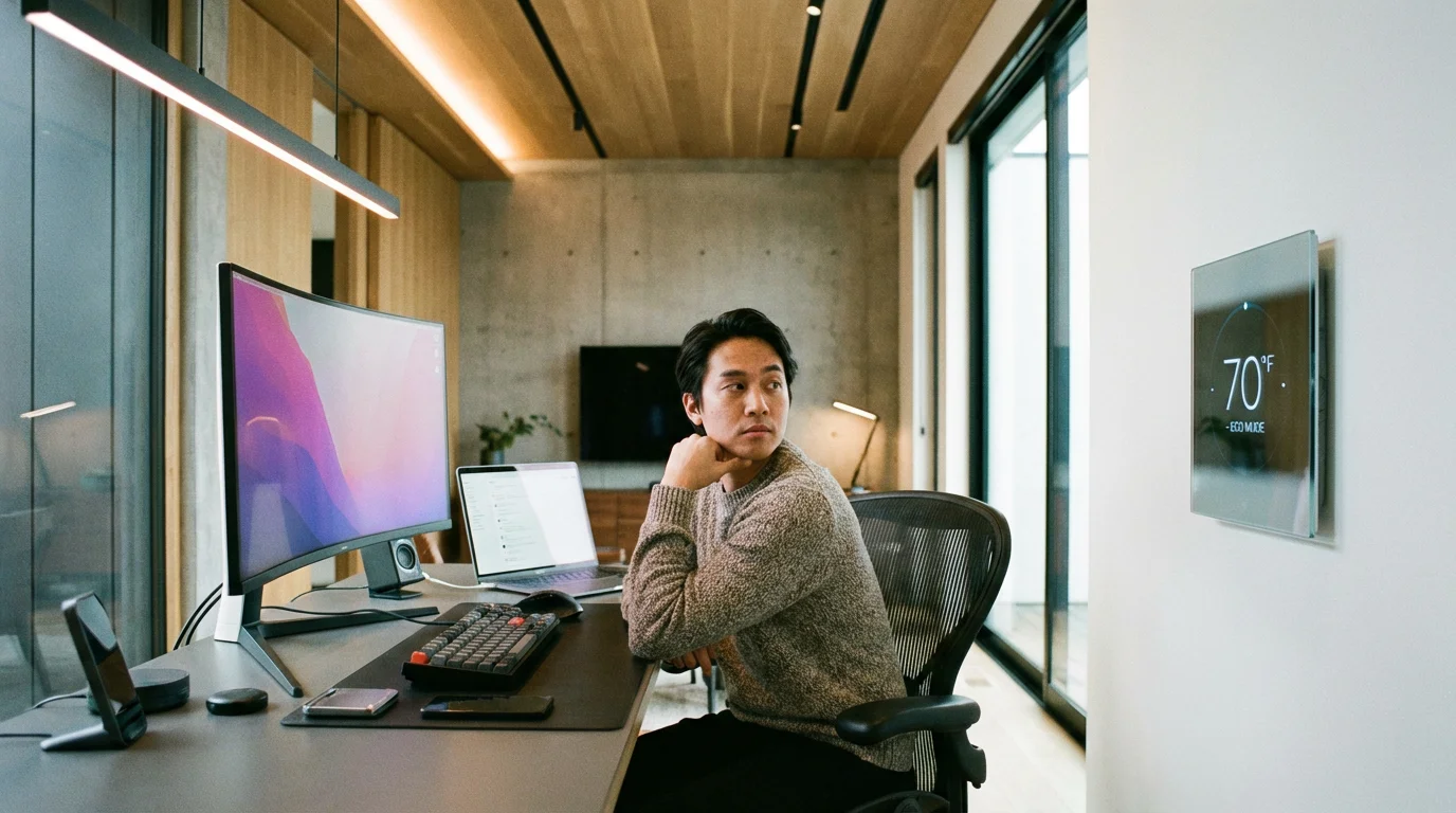 A person in a home office reviewing their smart home settings.