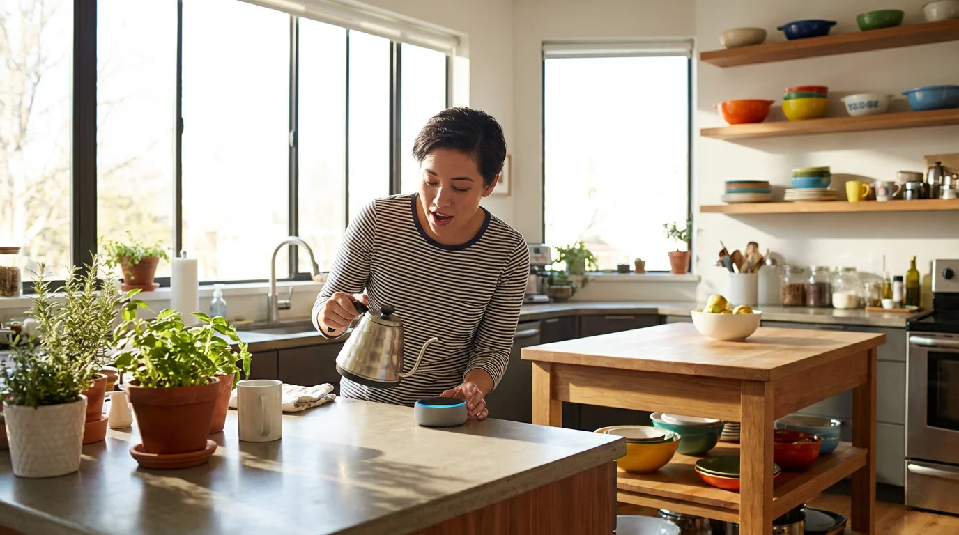 A person in a sunlit kitchen interacting with a smart speaker to control lights.