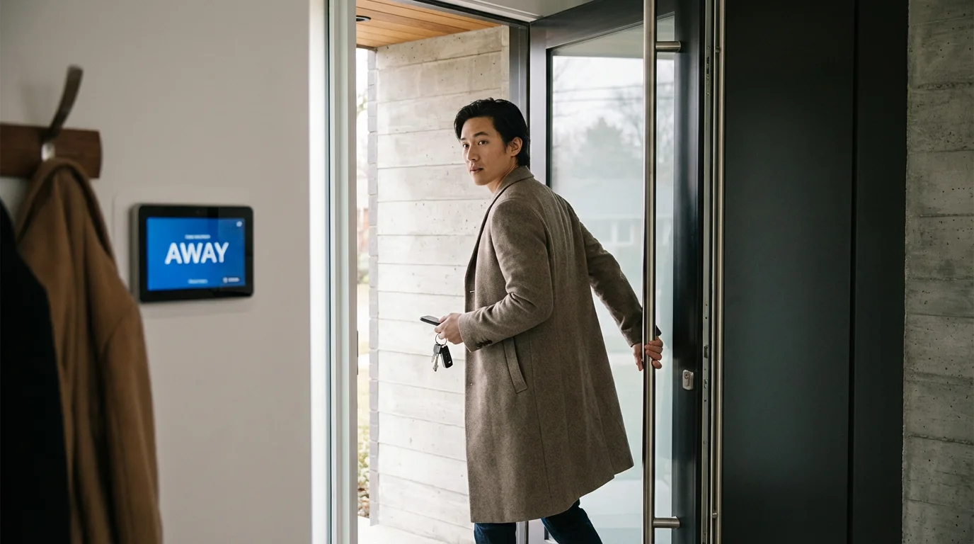 A person leaving home as the smart thermostat switches to away mode.