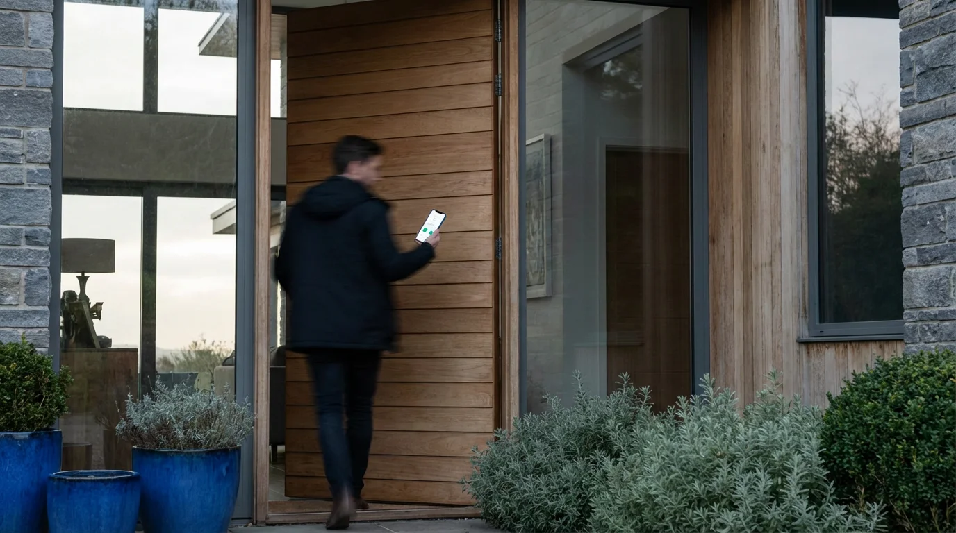 A person leaving their home while holding a phone, symbolizing geofencing automation.
