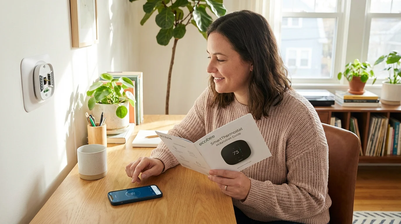 A person looking at a manual and smartphone app in a bright room.