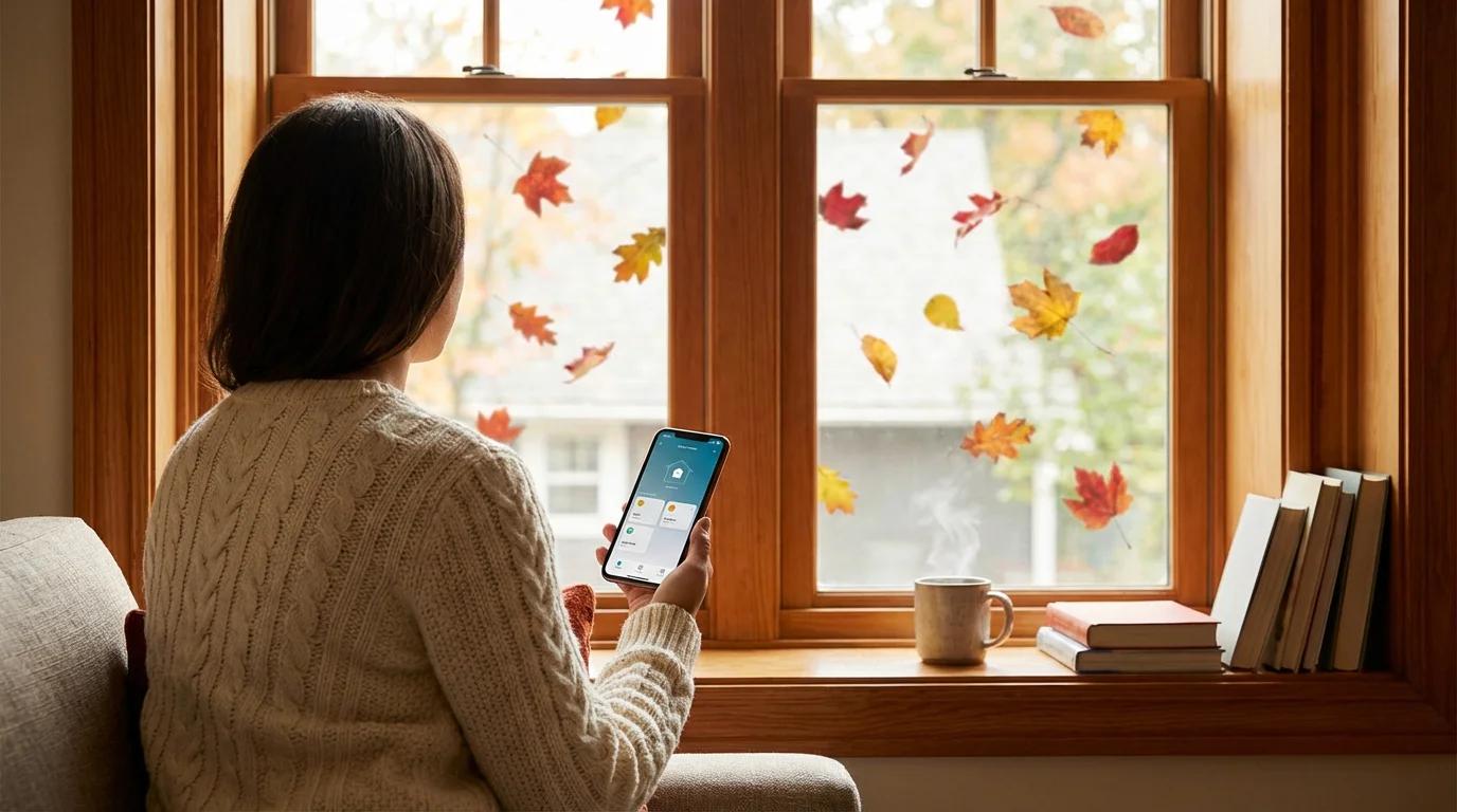 A person looking at autumn leaves while adjusting home settings on a phone.