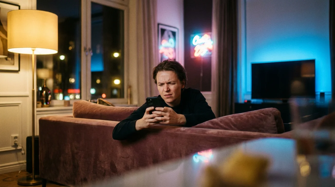 A person looking confused at their phone in a living room with various lights on.