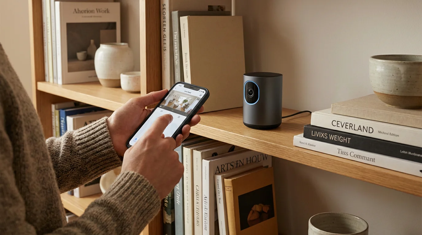 A person pairing a smartphone with a smart camera via Bluetooth.
