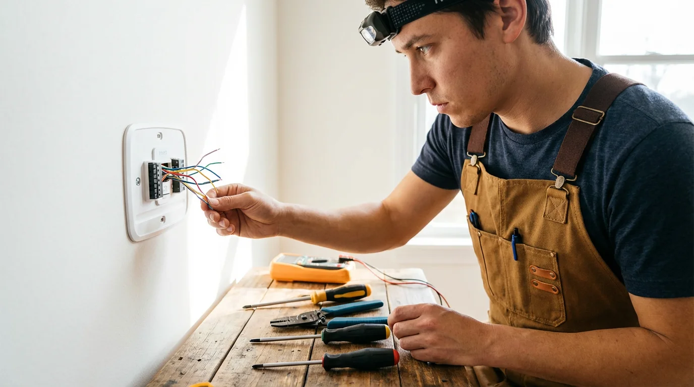 A person performing a clean installation of a smart thermostat, showing the wiring behind the device.