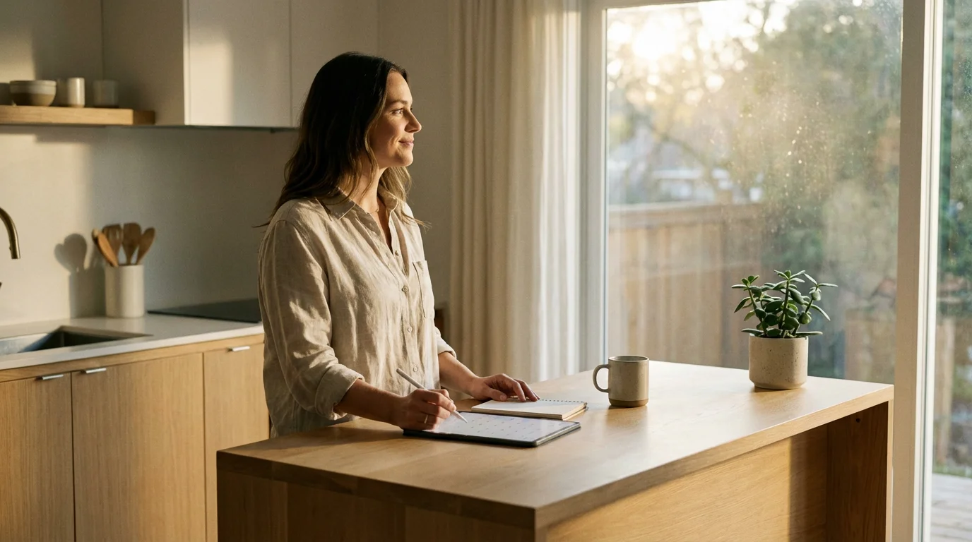 A person planning their daily routine on a tablet in a bright kitchen.